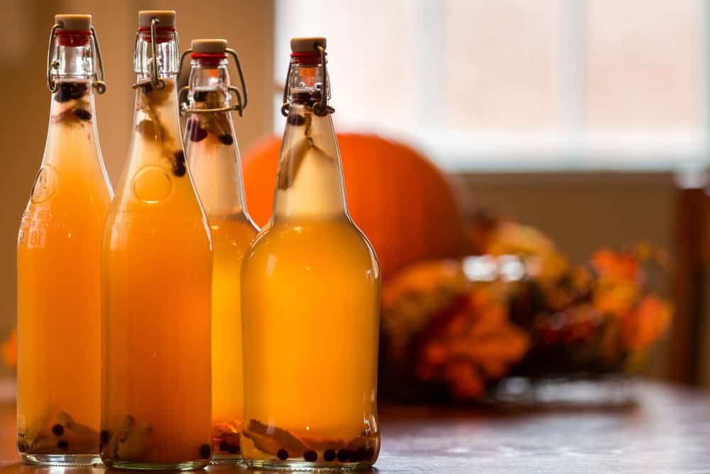 Tall bottles of kombucha with orange blurred background