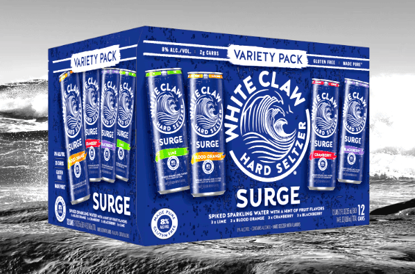 A box of White Claw Surge Hard Seltzer with variety of flavors 