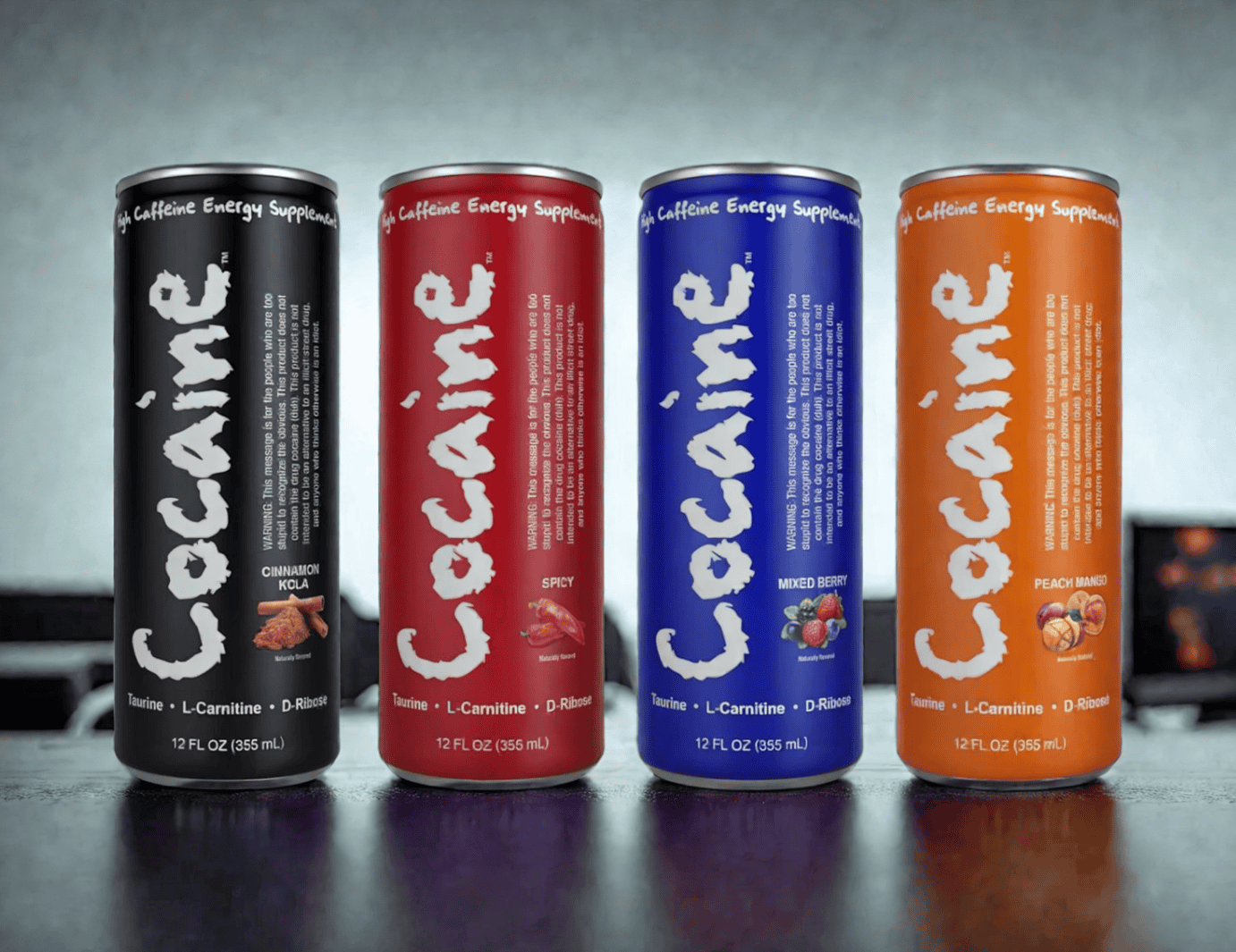 Cocaine energy drink can on a desk in a modern gaming cafe