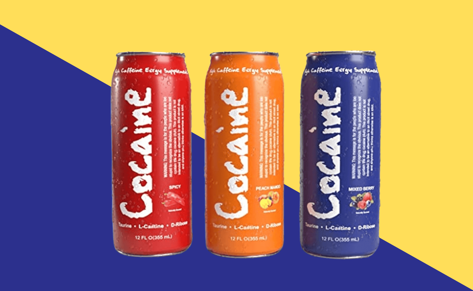Three bottles of cocaine energy drink on yellow and blue background