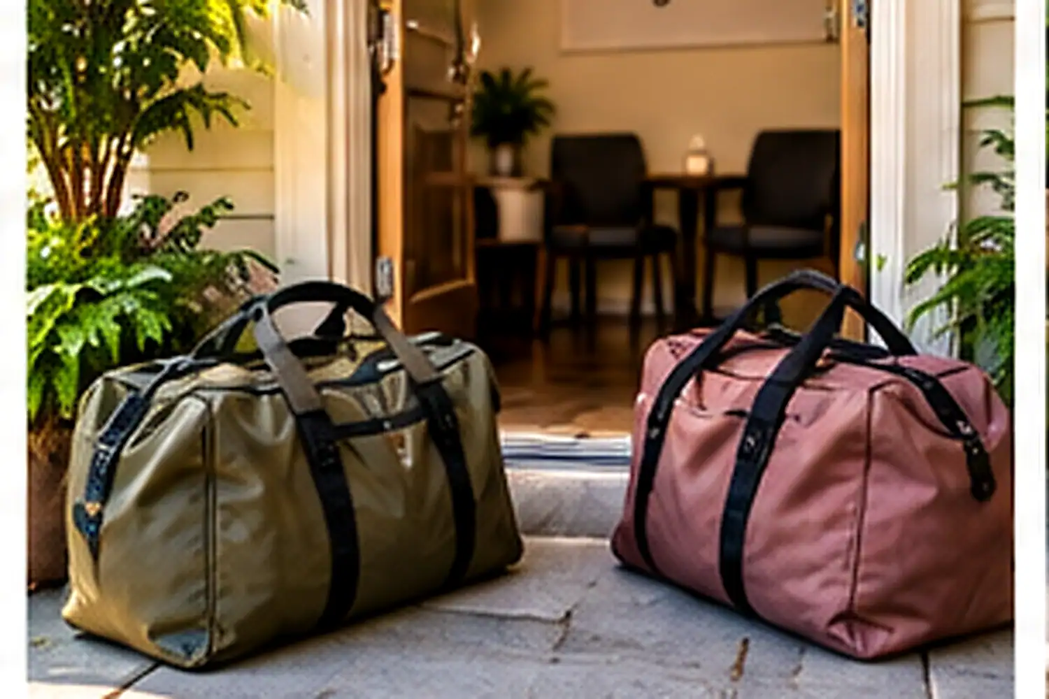 Two duffel bags outside the entrance of a recovery residence in Orange County, CA