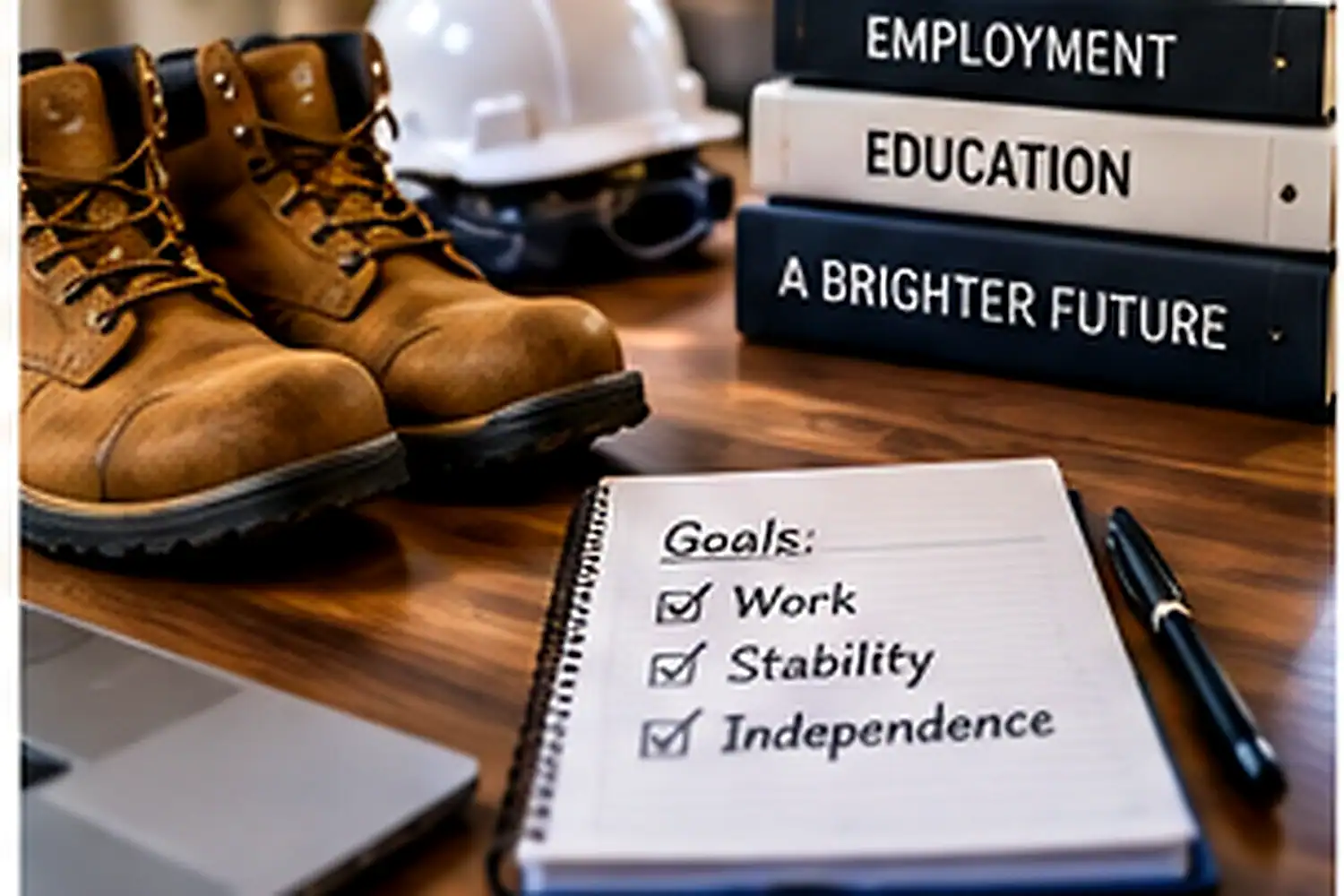 Work boots, a hard hat, and written recovery goals focused on stability and independence in Orange County, CA