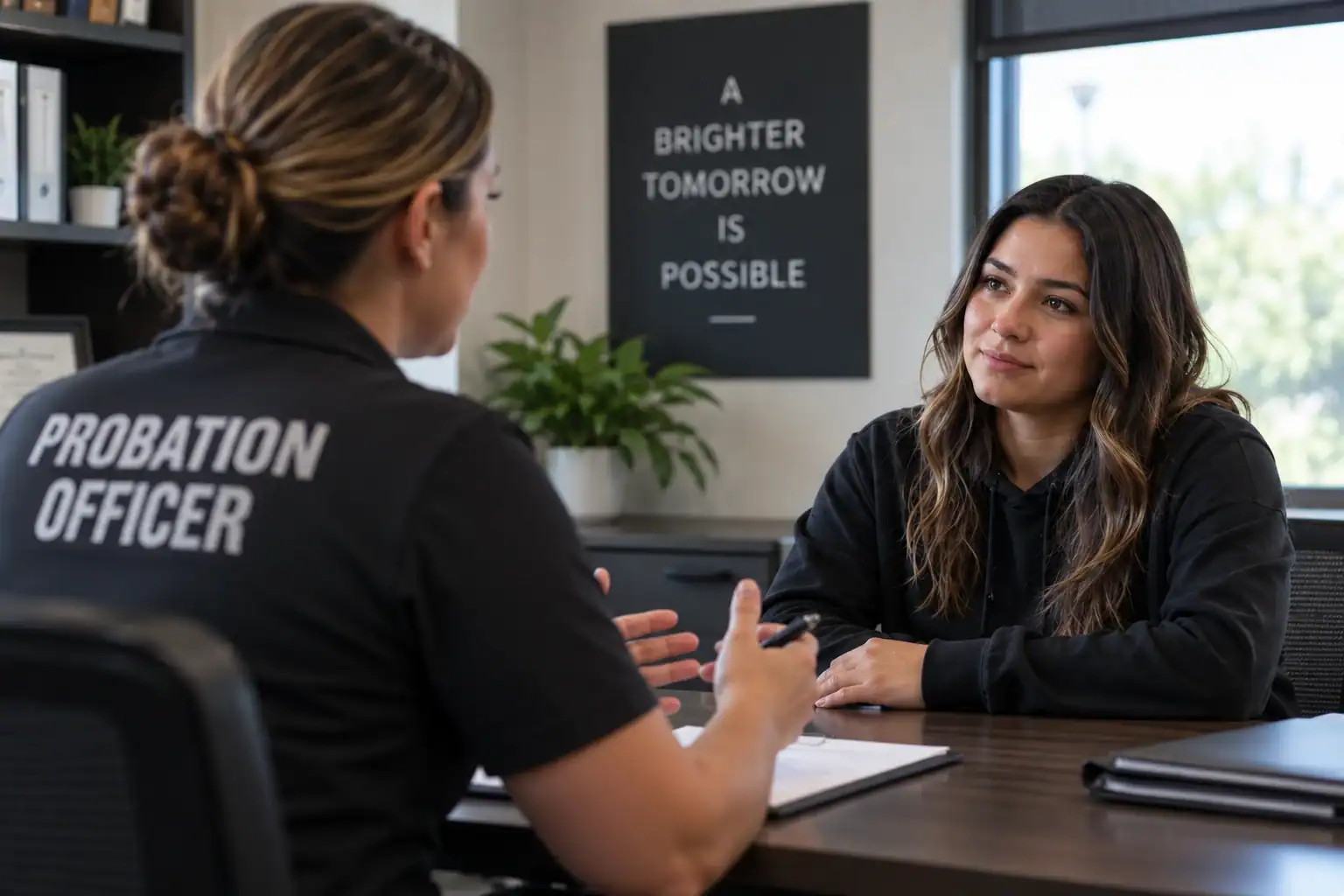 Woman meeting with a probation officer about an alternative sentencing program in Orange County, CA