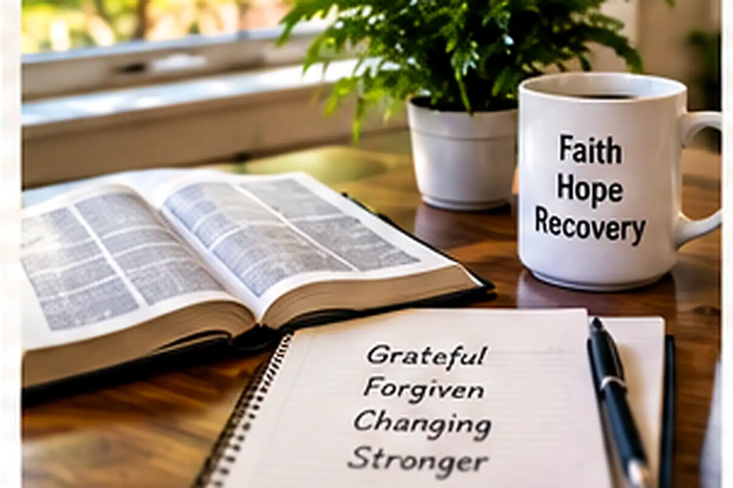 Open Bible, journal, and coffee mug arranged for faith-based recovery reflection in Orange County, CA