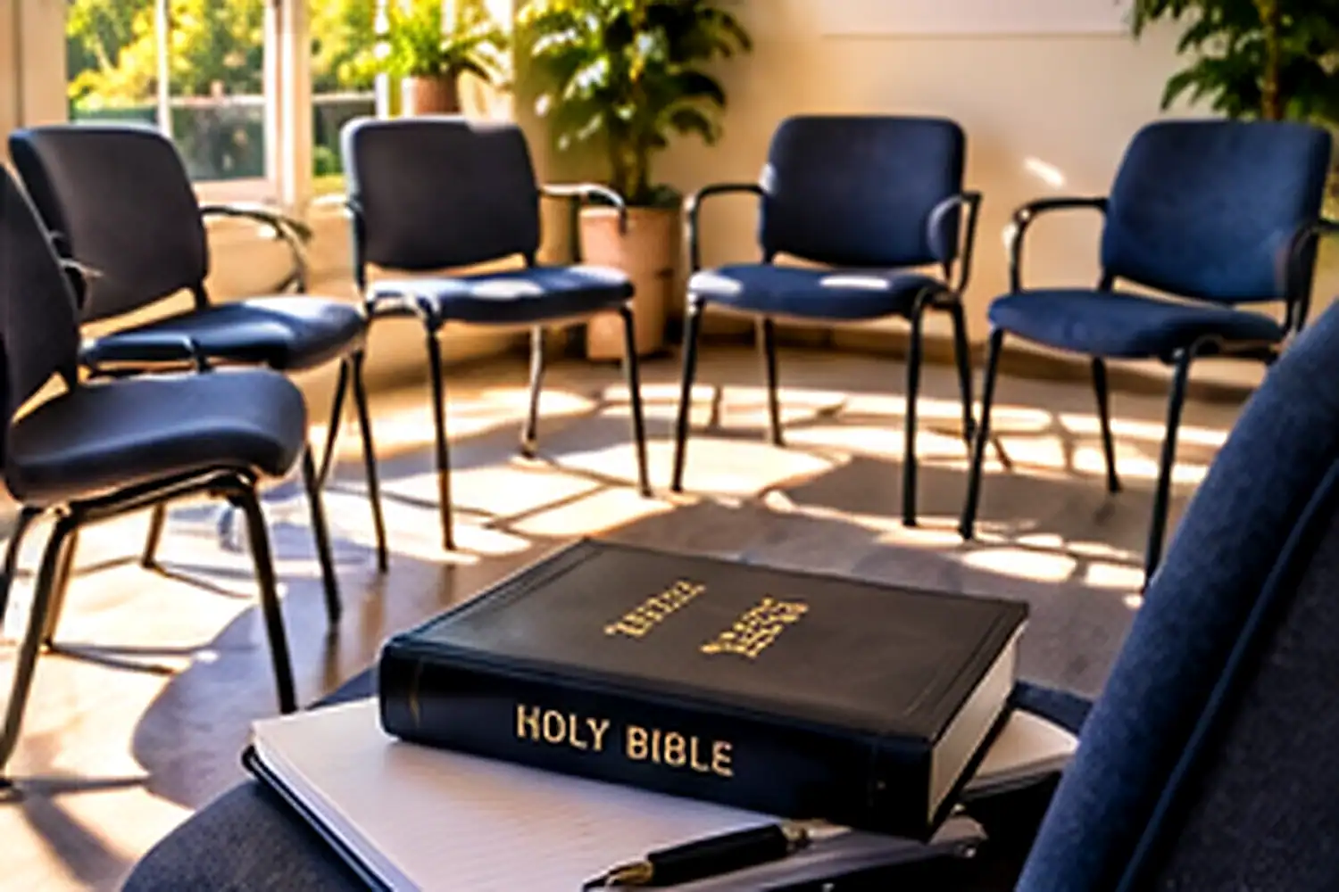 Bible and chairs set for a faith-based recovery support group in Orange County, CA