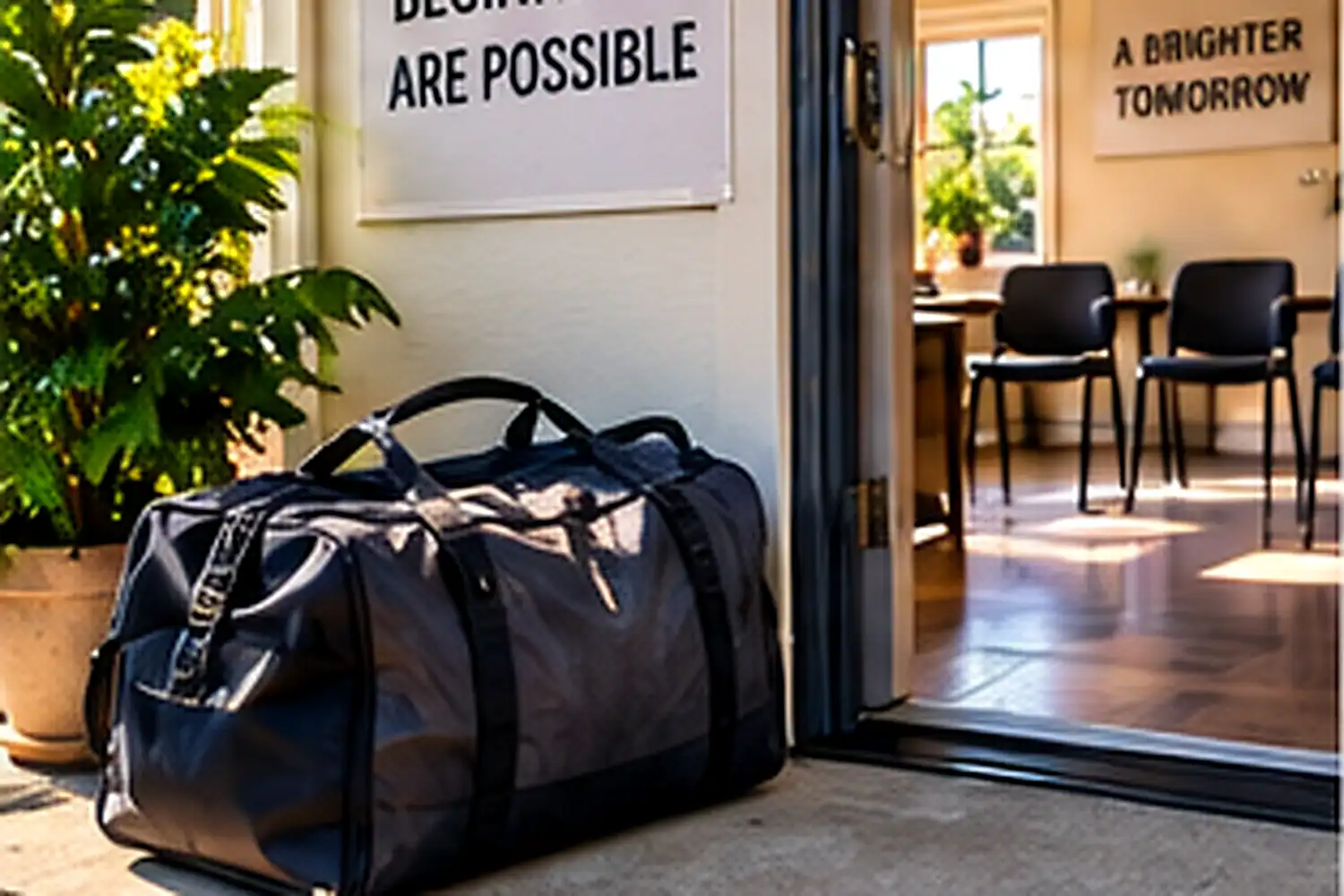 Duffel bag at the entrance to a recovery support space during an intervention and admissions journey in Orange County, CA
