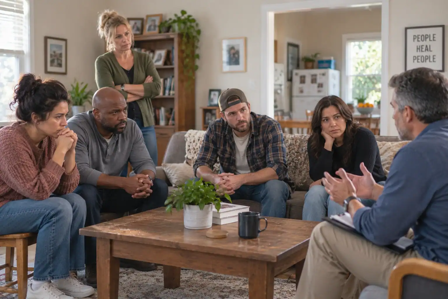 Adults gathered for a family support meeting about drug addiction interventions in Orange County, CA