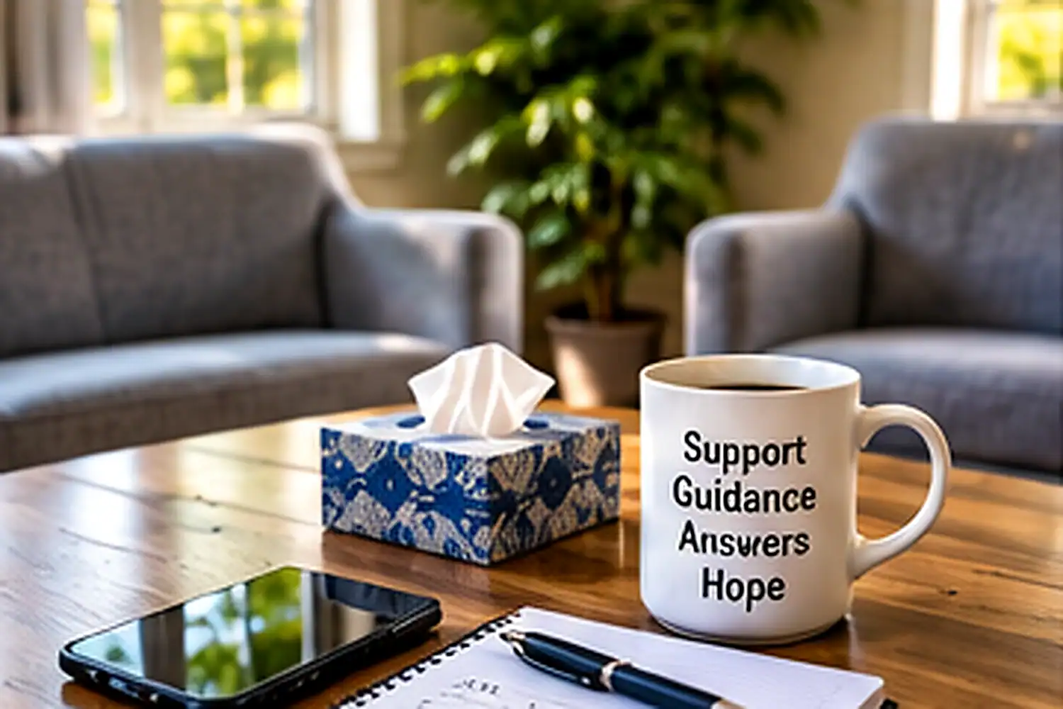 Counseling room table with tissues, notes, and seating for family addiction support in Orange County, CA
