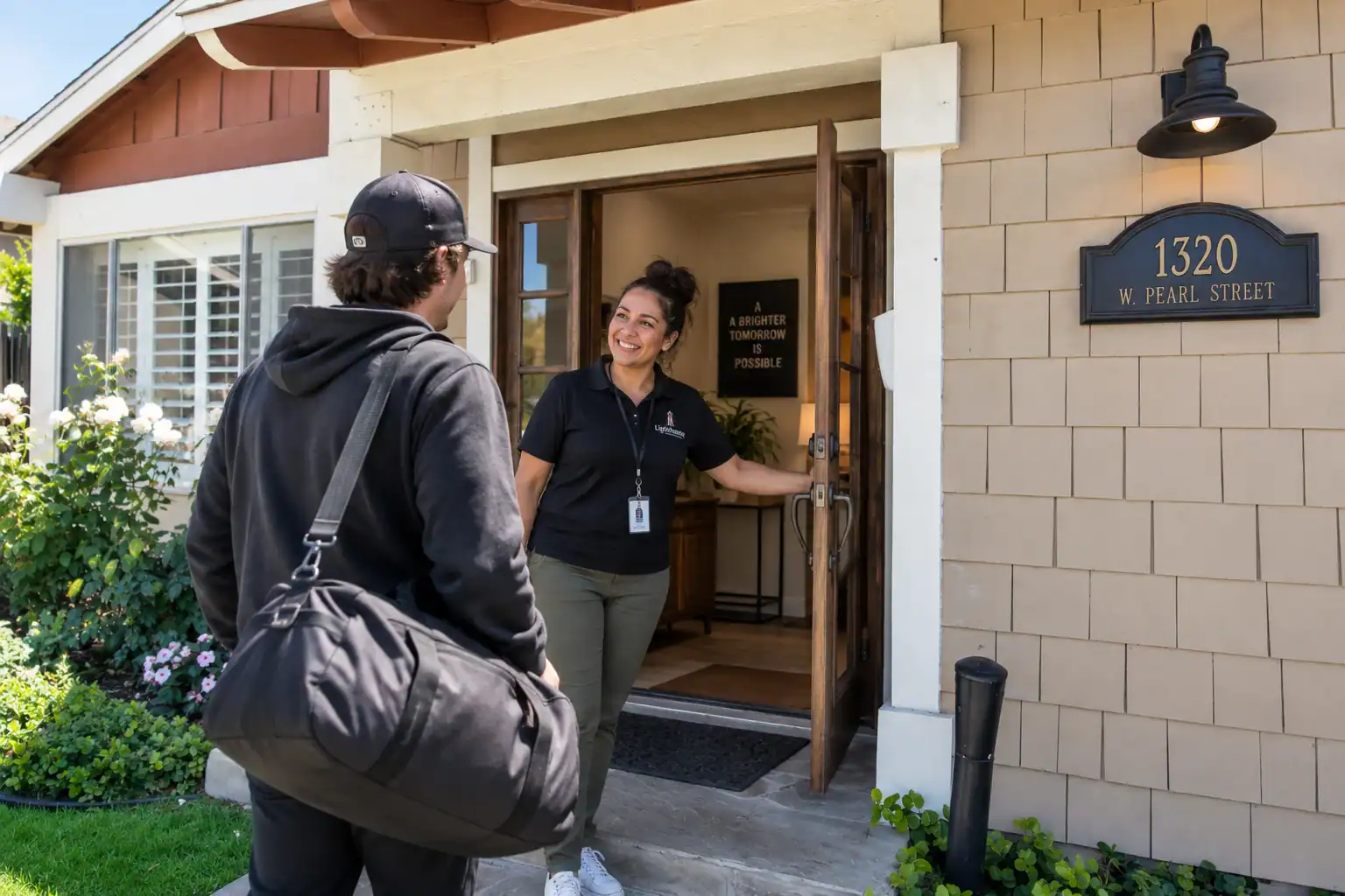 Man arriving for treatment with a duffel bag through rehab scholarships in Orange County, CA