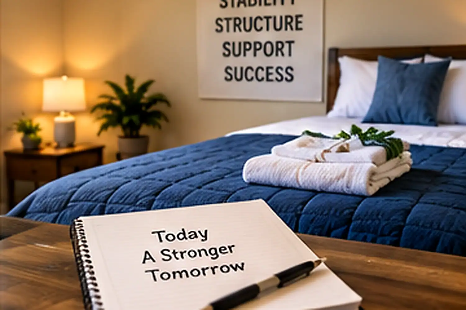 Clean welcoming recovery bedroom with folded towels and a journal in Orange County, CA
