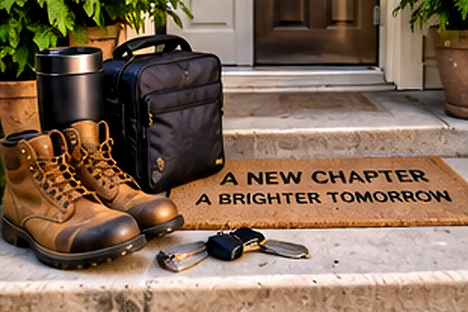 Boots, keys, and a suitcase at the doorway of a sober living home in Orange County, CA