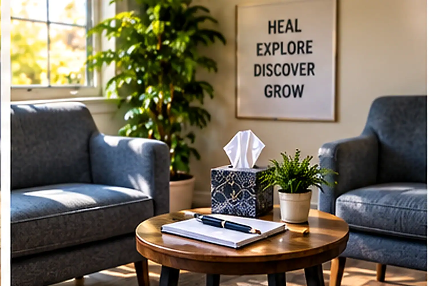 Bright counseling lounge with comfortable seating and a small table in Orange County, CA