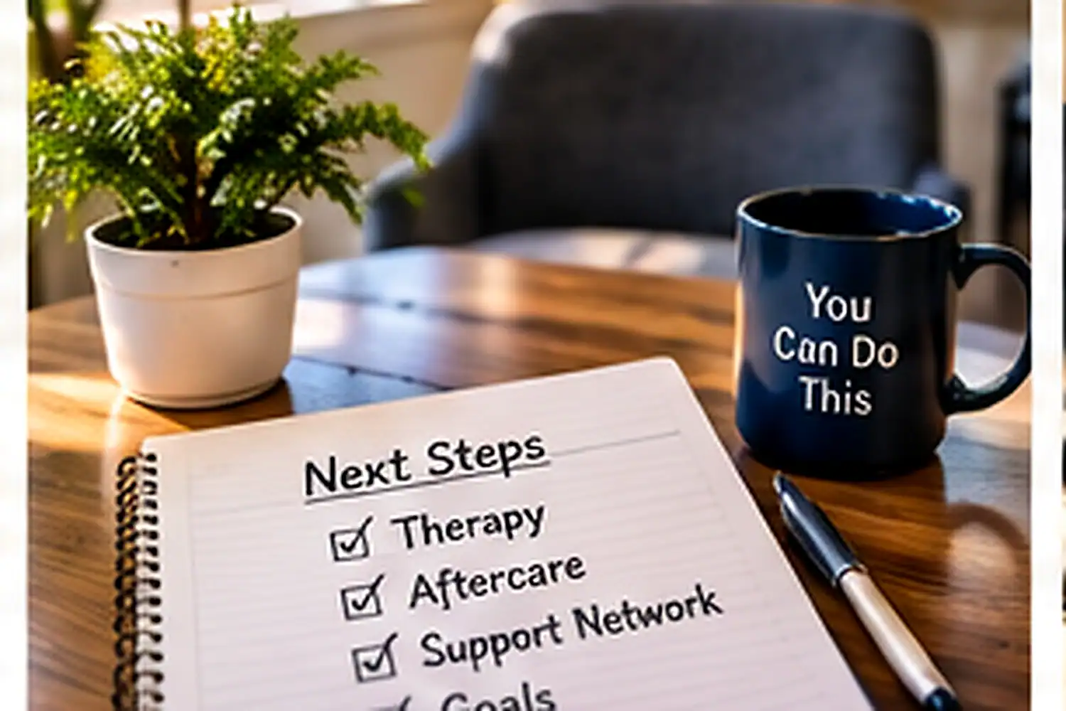 Recovery planning notebook and coffee mug in a counseling setting in Orange County, CA