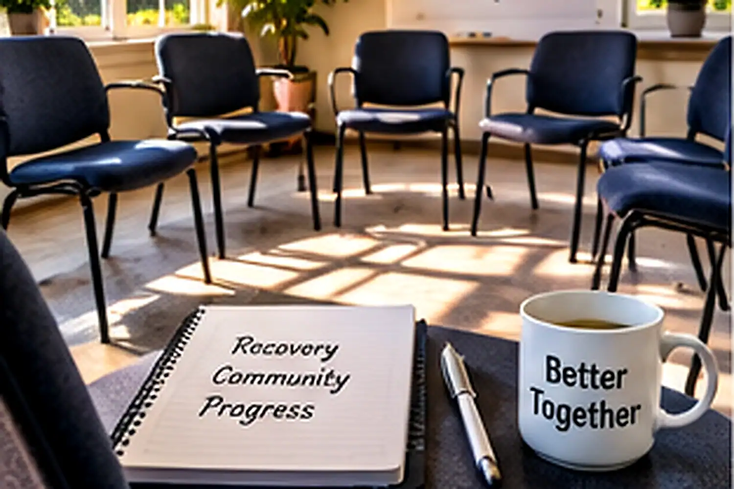 Chairs arranged for a recovery support group with notes on progress in Orange County, CA