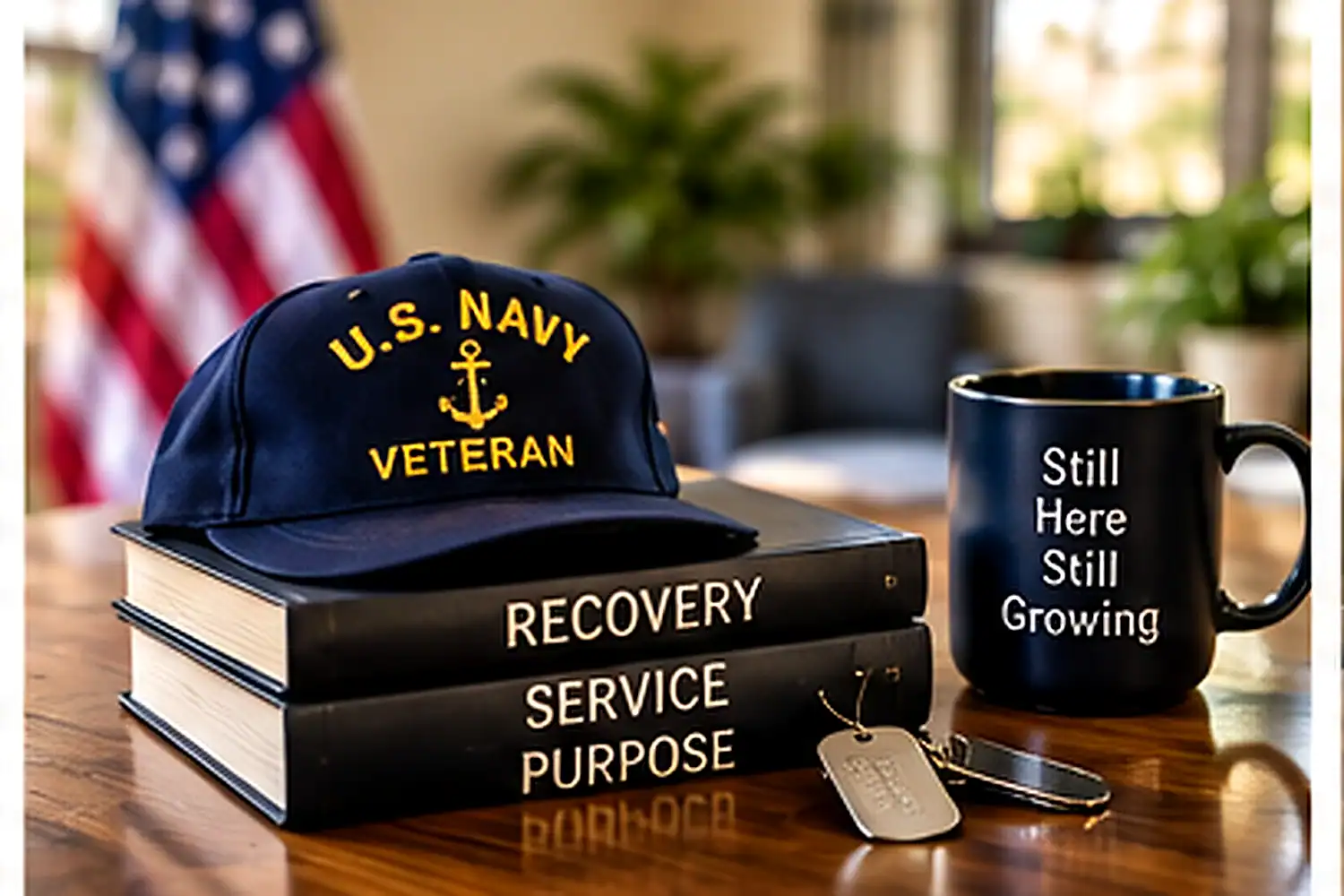 U.S. Navy veteran recovery scene with service items and recovery materials in Orange County, CA
